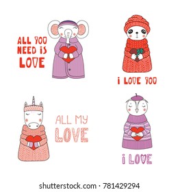 Set of hand drawn cute funny cartoon animals in sweaters, hats, holding hearts, with typography. Isolated objects on white background. Design concept for children, Valentines day. Vector illustration.