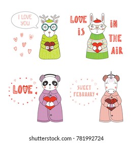 Set of hand drawn cute funny cartoon animals in sweaters, hats, holding hearts, with typography. Isolated objects on white background. Design concept for children, Valentines day. Vector illustration.