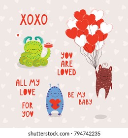 Set of hand drawn cute funny cartoon alien monsters and romantic quotes, flat style, for Valentines day. Collection of design elements for children. Vector illustration.