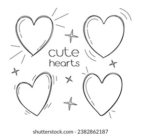 Set of hand drawn cute hearts. Handwritten scribble hearts collection isolated on white background. Love symbol or signs elements in doodle style. Freehand drawing vector illustration