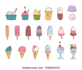 Set of hand drawn cute ice creams of various type. Set of tasty frozen creamy desserts. Flat cartoon colored isolated vector illustration on white background