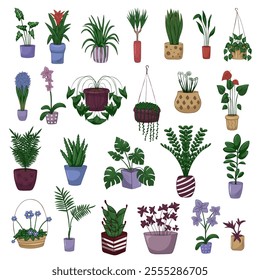 Set of Hand drawn cute illustration of plants in pot. Home plant icon.