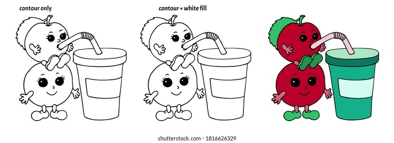 Set of hand drawn cute kawaii cherries drinking juice through a straw. Colored isolated cheerful cartoon vector illustration in doodle style