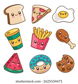 Set of hand drawn cute kawaii food cartoon illustration
