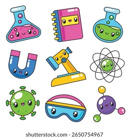 Set of hand drawn cute kawaii science element vector illustration