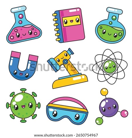 Set of hand drawn cute kawaii science element vector illustration