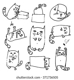 Set of hand drawn cute kittens in various poses, black line. Vector illustration