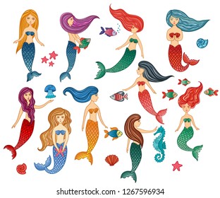 Set of hand drawn cute little mermaid girls, starfish, seahorse, jellyfish, fishesshells. Color cartoon isolated illustrations for kids. Sketch vector characters.