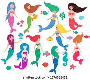 Set of hand drawn cute little mermaid girls, starfish, seahorse, jellyfish, fishesshells. Color cartoon isolated illustrations for kids. Flat vector characters.