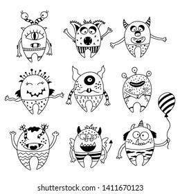 Set of hand drawn cute monsters on a white background for Halloween party, funny decoration, children game, medical poster.Vector illustration. 