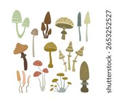 Set with hand drawn cute mushrooms on white background. Vector fall illustration.