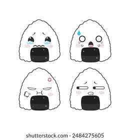 set of hand drawn cute onigiri rice ball emojis. Japanese food illustration, cartoon character, Vector.