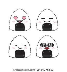 set of hand drawn cute onigiri rice ball emojis. Japanese food illustration, cartoon character, Vector.