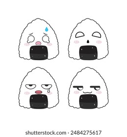 set of hand drawn cute onigiri rice ball emojis. Japanese food illustration, cartoon character, Vector.