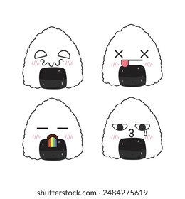 Set von Hand gezeichnete niedliche onigiri Reiskugel Emojis. Japanische Food-Illustration, Cartoon-Figur, Vektorgrafik.