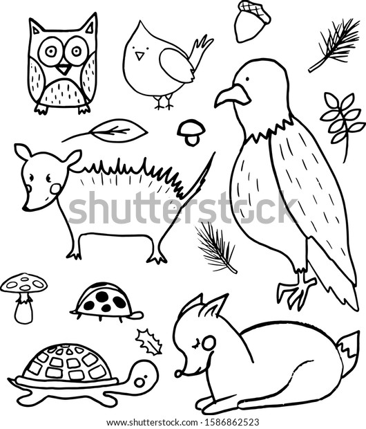 Set Hand Drawn Cute Outline Forest Stock Vector (Royalty Free ...