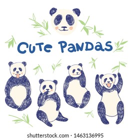 Set of hand drawn cute pandas with bamboo leaves and lettering for children and adults clothes prints screen in 4-5 colors