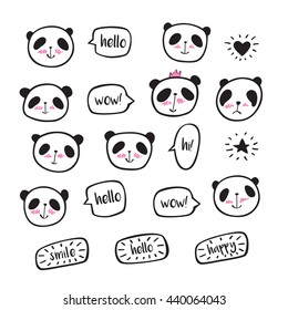Set of hand drawn cute pandas with speech bubble. Doodles, sketch for your design. Vector illustration