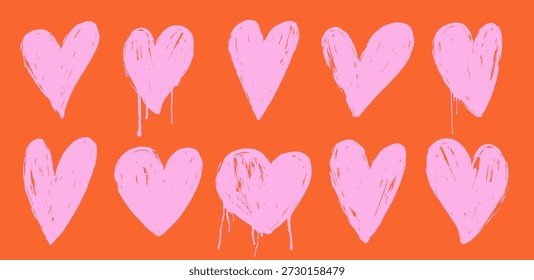 Conjunto de corazones rosados lindos dibujados a mano en estilo de trazo de pincel. Formas de corazón de grunge con gotas de pintura. Elementos de diseño de Vector romántico para tarjetas de San Valentín, Anuncios, carteles, pegatinas, decoraciones de amor.