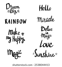 Set with hand drawn cute print lettering.
