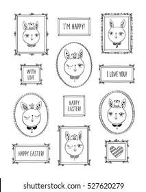 Set of hand drawn cute rabbits and vintage photo frames. Elements for Valentine's Day, mother's day, birthday, easter. Doodles, sketch for your design. Vector illustration.