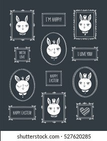 Set of hand drawn cute rabbits and vintage photo frames. Elements for Valentine's Day, mother's day, birthday, easter. Doodles, sketch for your design. Vector illustration.