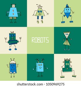 Set of hand drawn cute robots.  Vector characters for baby textile, design cards and posters and surface design