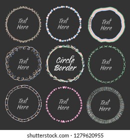 Set of hand drawn cute round frame. circle border element on dark background vector collection.