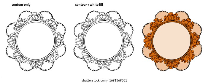 Set of hand drawn cute round frames with textile ruffles, lace and ribbon. Colored isolated decorative copy space vector illustration