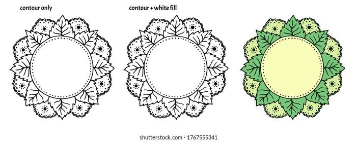 Set of hand drawn cute round frames with leaves, lace and seam. Colored isolated decorative copy space vector illustration