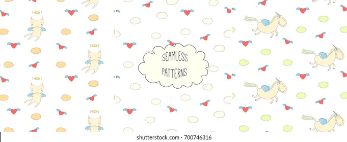 Set of hand drawn cute seamless vector patterns with little winged cat, unicorn, flying hearts and clouds, on a white background. Design concept for children textile print, wallpaper, wrapping paper.