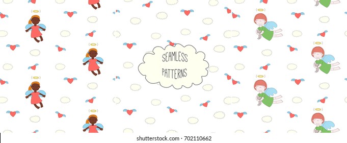 Set of hand drawn cute seamless vector patterns with little angel girls, one holding a cat, hearts, clouds, on a white background. Design concept for children textile print, wallpaper, wrapping paper
