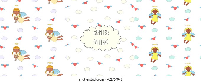 Set of hand drawn cute seamless vector patterns with little angel girls, one holding a cat, hearts, clouds, on a white background. Design concept for children textile print, wallpaper, wrapping paper