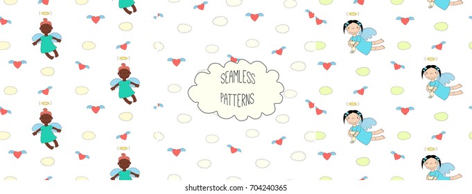Set of hand drawn cute seamless vector patterns with little angel girls, one holding a cat, hearts, clouds, on a white background. Design concept for children textile print, wallpaper, wrapping paper