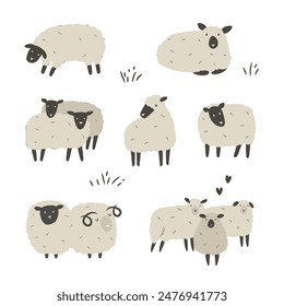 Set of hand drawn cute sheep on white background. Vector illustration of farm animal.