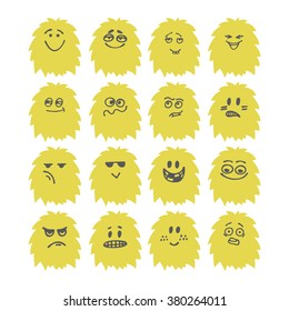 Set of hand drawn cute smiley monsters. Collection of different cartoon fluffy characters. Vector illustration