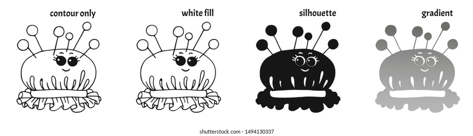 Set of hand drawn cute smiling kawaii needle beds in different versions: contour only, white fill, silhouette, gradient. Isolated logo or label vector illustration