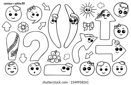 Set of hand drawn cute smiling kawaii punctuation marks in doodle style. Colorless (black contour with white fill) funny cartoon isolated vector illustration