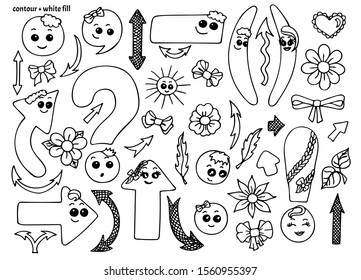 Set of hand drawn cute smiling kawaii punctuation marks, accessories and nature elements in doodle style. Colorless (black contour with white fill) funny cartoon isolated vector illustration
