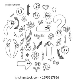 Set of hand drawn cute smiling kawaii punctuation marks, accessories and nature elements in doodle style. Colorless (black contour with white fill) funny cartoon isolated vector illustration