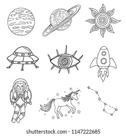 Set of hand drawn cute space icons. Doodle design elements. Black and white vector illustration isolated on white background. Pencil or ink drawing