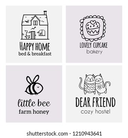 Set of hand drawn cute, stlish and simple premade logo designs for business and stationery. Collection of vector icons and illustrations for cafe, farm,bakery