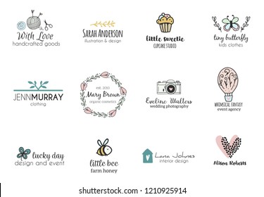 Set of hand drawn cute, stylish and simple premade logo designs for business and stationery. Collection of vector icons and illustrations