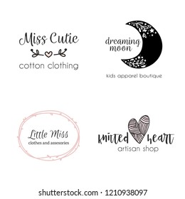 Set of hand drawn cute, stylish and simple premade logo designs for business and stationery. Collection of vector icons and illustrations