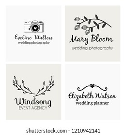 Set of hand drawn cute, stylish and simple premade logo designs for business and stationery. Collection of vector icons and illustrations fo photography, wedding and event agency