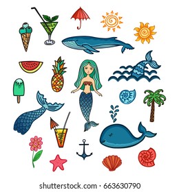 Set of hand drawn cute summer elements: mermaid, whale, palm tree, tail, sun, ice cream, pineapple, star fish, cocktail, watermelon, seashell, umbrella and others.