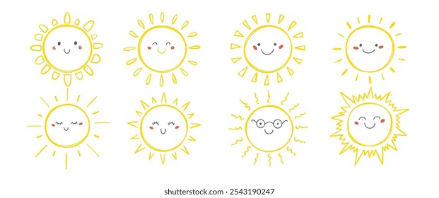 Set of hand drawn cute sun with crayon or pencil texture. Colorfull doodle illustration on a white background.