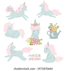 Set of hand drawn cute unicorn animal clipart in whimsical scandinavian vector style for baby and nursery banner, card, stationery design