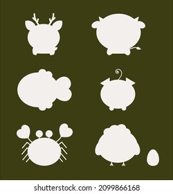 Set of hand drawn cute vector; meat (deer, cow, pig, chicken, crab and egg) silhouette food label isolated on dark green background 