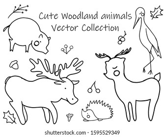 A set of hand drawn cute woodland animals. Deer, stark, pig, hedgehog, bird, mushroom, acorn, bear. Vector collection perfect for childish decoration clothes, patterns, stickers, cards